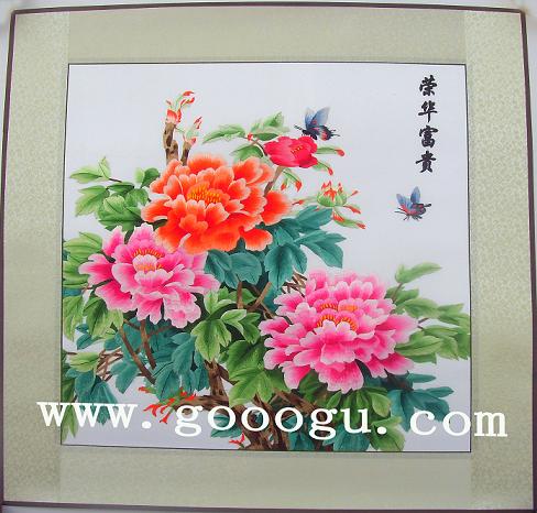 蘇繡牡丹畫，正方形牡丹刺繡畫