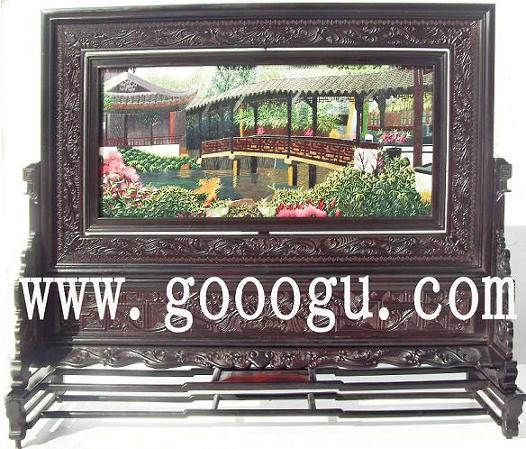 蘇州園林雙面繡，蘇繡園林圖案，蘇州景光刺繡臺(tái)屏