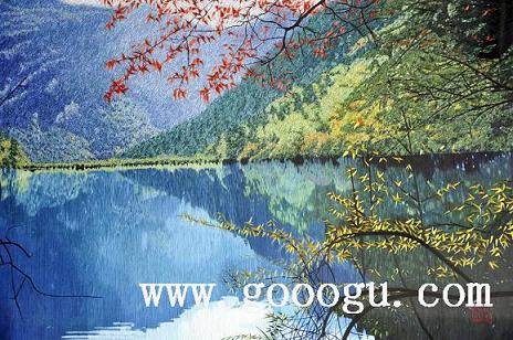 九寨溝風(fēng)景刺繡畫，高檔風(fēng)景刺繡裝飾畫，蘇繡工藝品畫