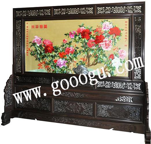 葛洲壩水利工程大廳屏風(fēng)：蘇繡屏風(fēng)，嬌古蘇繡，榮華富貴屏風(fēng)
